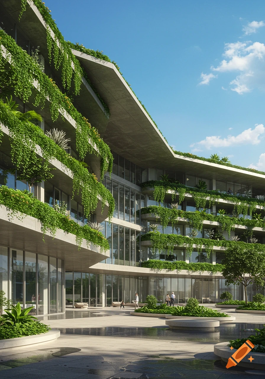Modern multi-story building with curved concrete balconies draped in lush green plants, an open plaza, and blue sky.