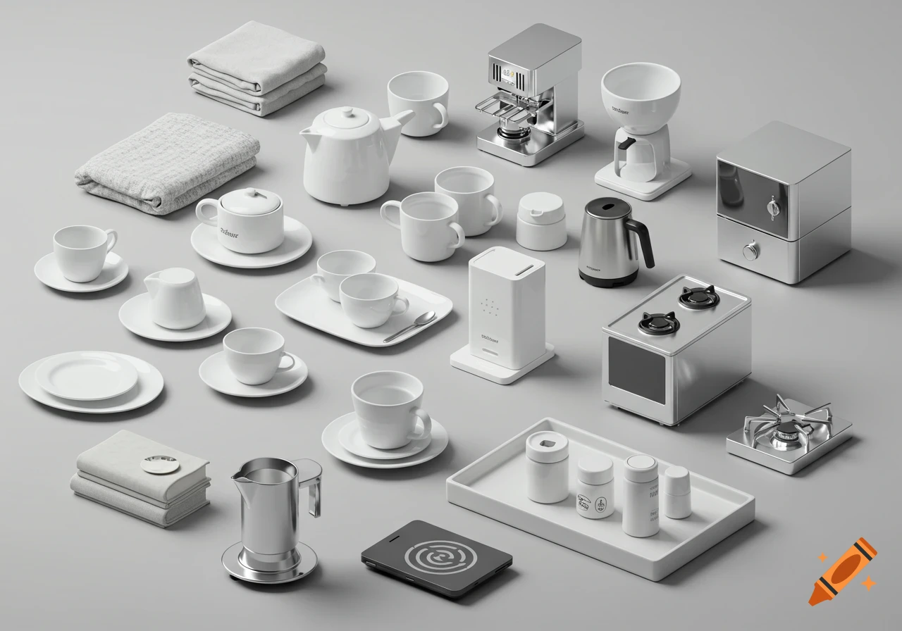 An overhead view of various white and silver kitchenware items and small home appliances neatly arranged on a light gray surface.
