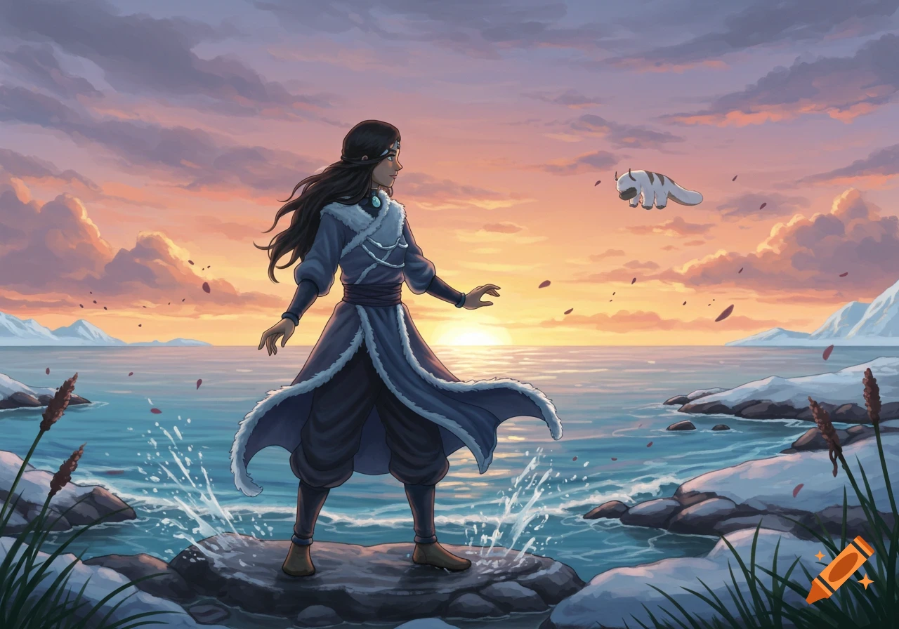Anime illustration of Katara from Avatar standing on snowy rocks by the ocean at sunset, looking at Appa flying over the water.