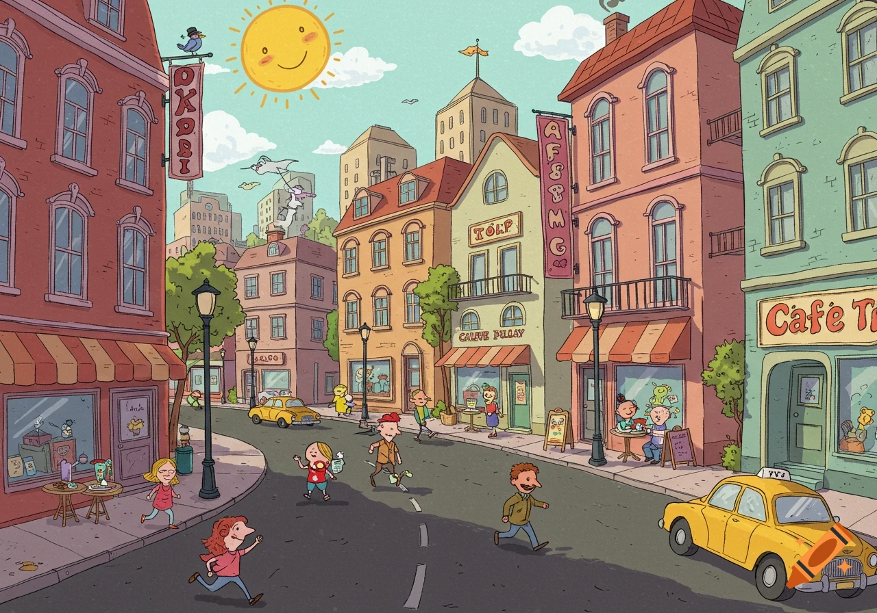 A vibrant cartoon street scene on a sunny day, with colorful buildings, people walking, and yellow taxis.