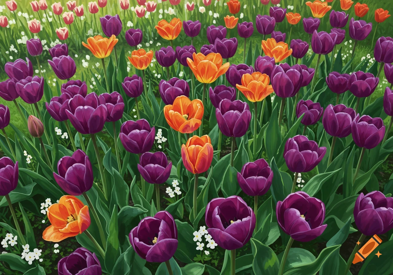 Vibrant garden bed with purple and orange tulips and small white flowers among green leaves, painterly style.