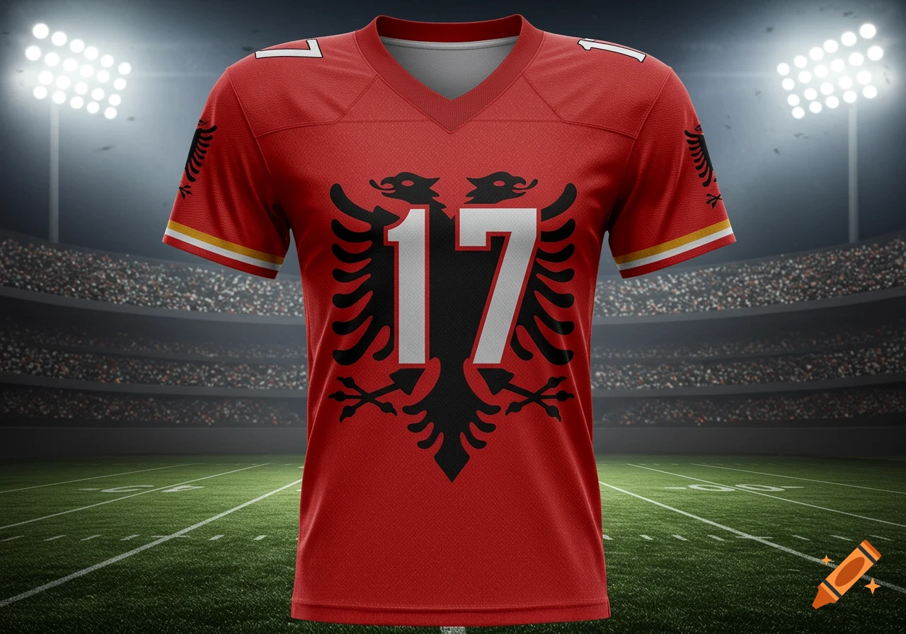Photorealistic red American football jersey featuring a black Albanian double-headed eagle and white number 17, in a stadium.