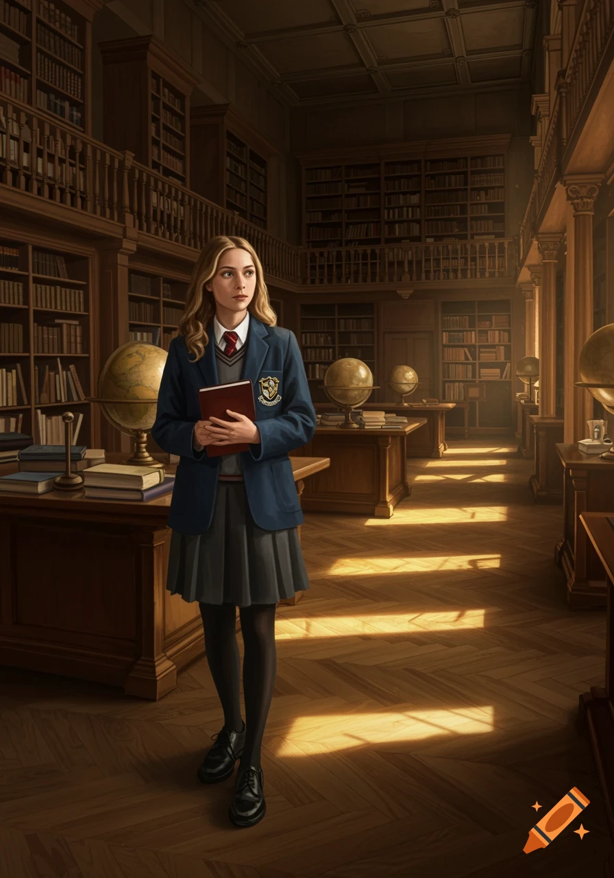 A female private school student in a blue blazer and skirt stands in a large, ornate library, holding a red book.