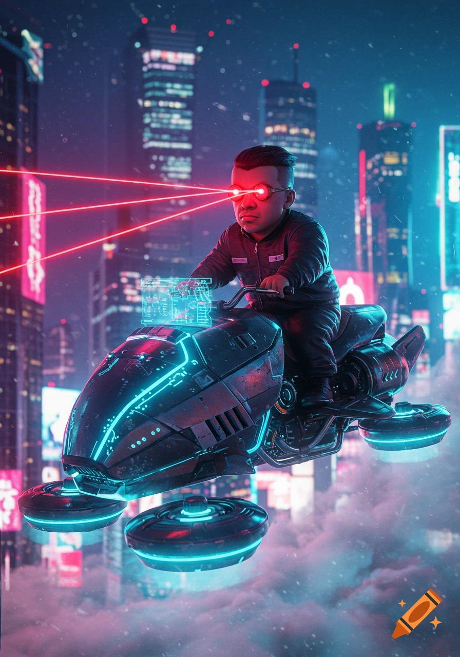 A short man with glowing red laser eyes rides a neon-lit flying bike through a futuristic, rainy cyberpunk city at night.
