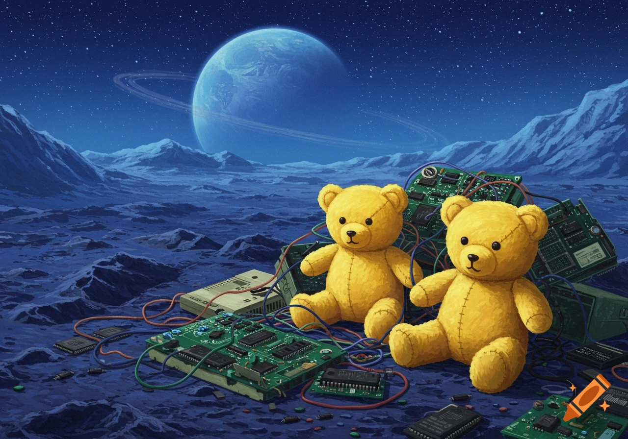 Two yellow teddy bears sit among computer circuit boards and wires on a dark blue alien planet with mountains and a large ringed planet in the starry night sky.