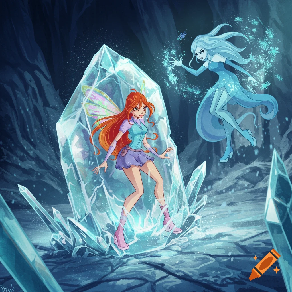 Winx Club's Bloom, with orange hair and fairy wings, trapped in ice, confronts blue ice villain Icy in a dark, icy cave.