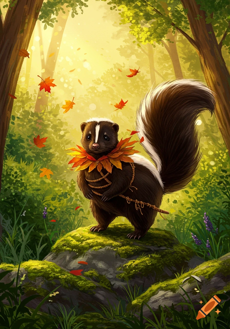 An adorable skunk wearing an autumn leaf collar and rope harness stands on a mossy rock in a sunlit forest with falling maple leaves.