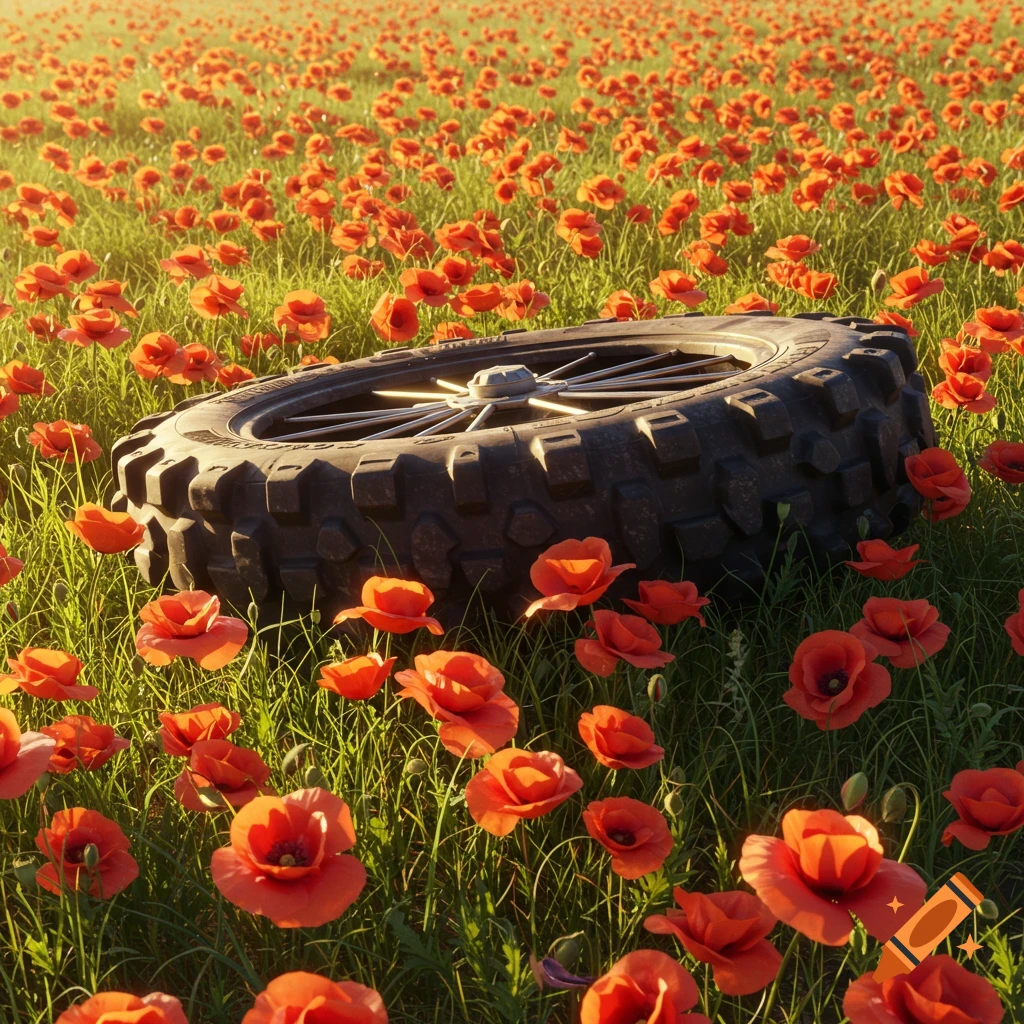 A rugged dirtbike tire lies flat in a sunny field filled with vibrant red poppy flowers, photorealistic.