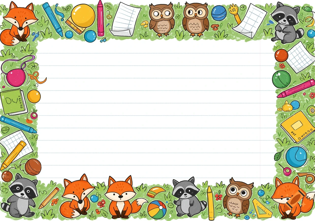 Cartoon border with foxes, raccoons, owls, and school supplies on grass around a lined white page.