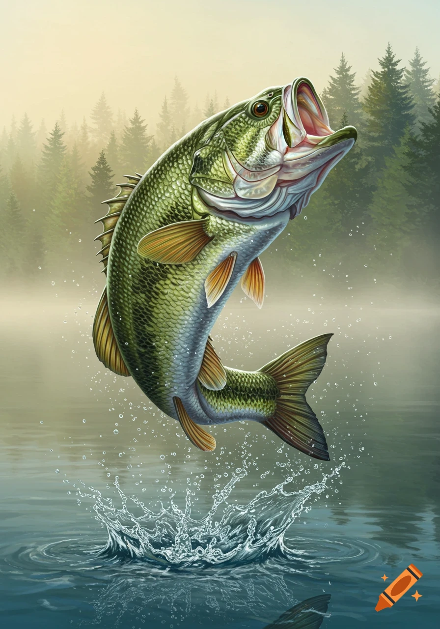 A detailed illustration of a largemouth bass with its mouth open, jumping out of the water, creating a splash. A misty forest is in the background.