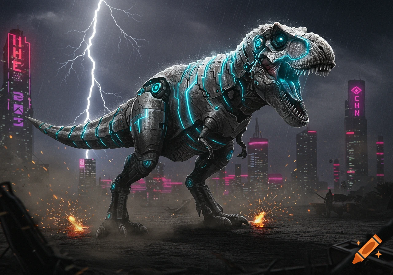 A massive cybernetic T-Rex with glowing blue accents stands in a dark, rainy cyberpunk city with lightning.
