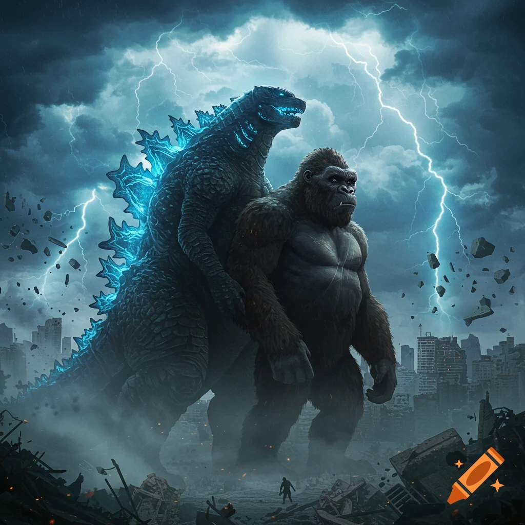 Godzilla with glowing blue spikes stands beside King Kong in a destroyed city under a stormy sky with lightning.
