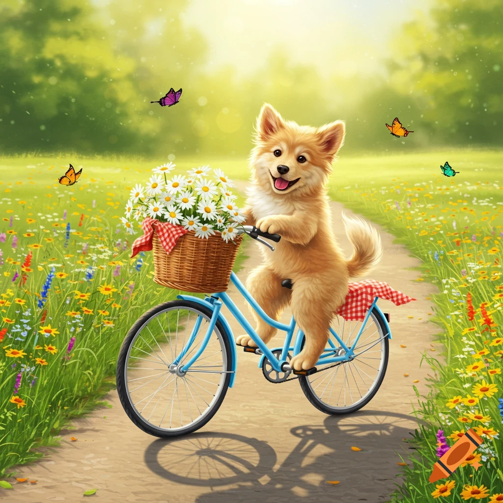 A happy, fluffy puppy rides a blue bicycle with a basket of white daisies through a sunny field of wildflowers and butterflies.
