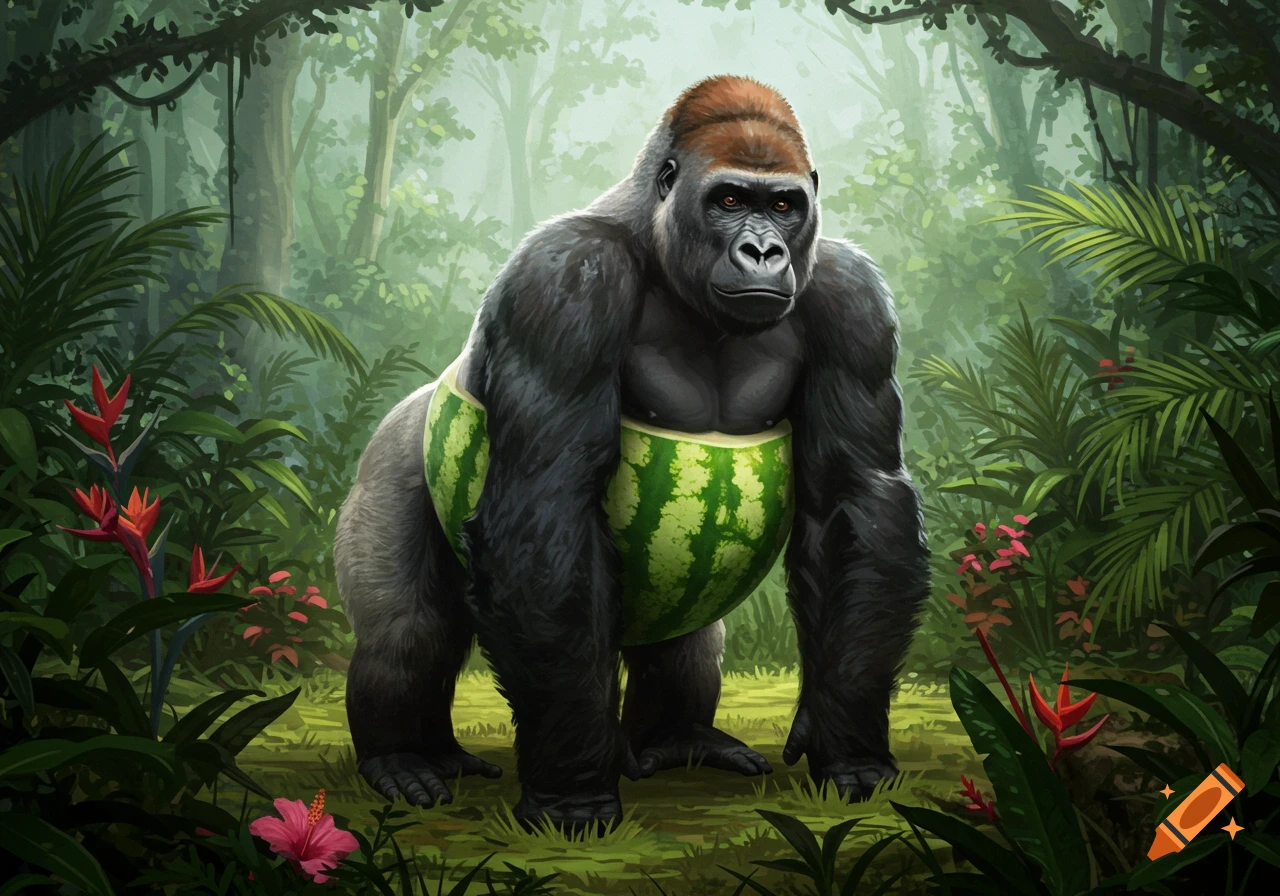 A powerful gorilla with a watermelon for a torso stands in a lush, green jungle.