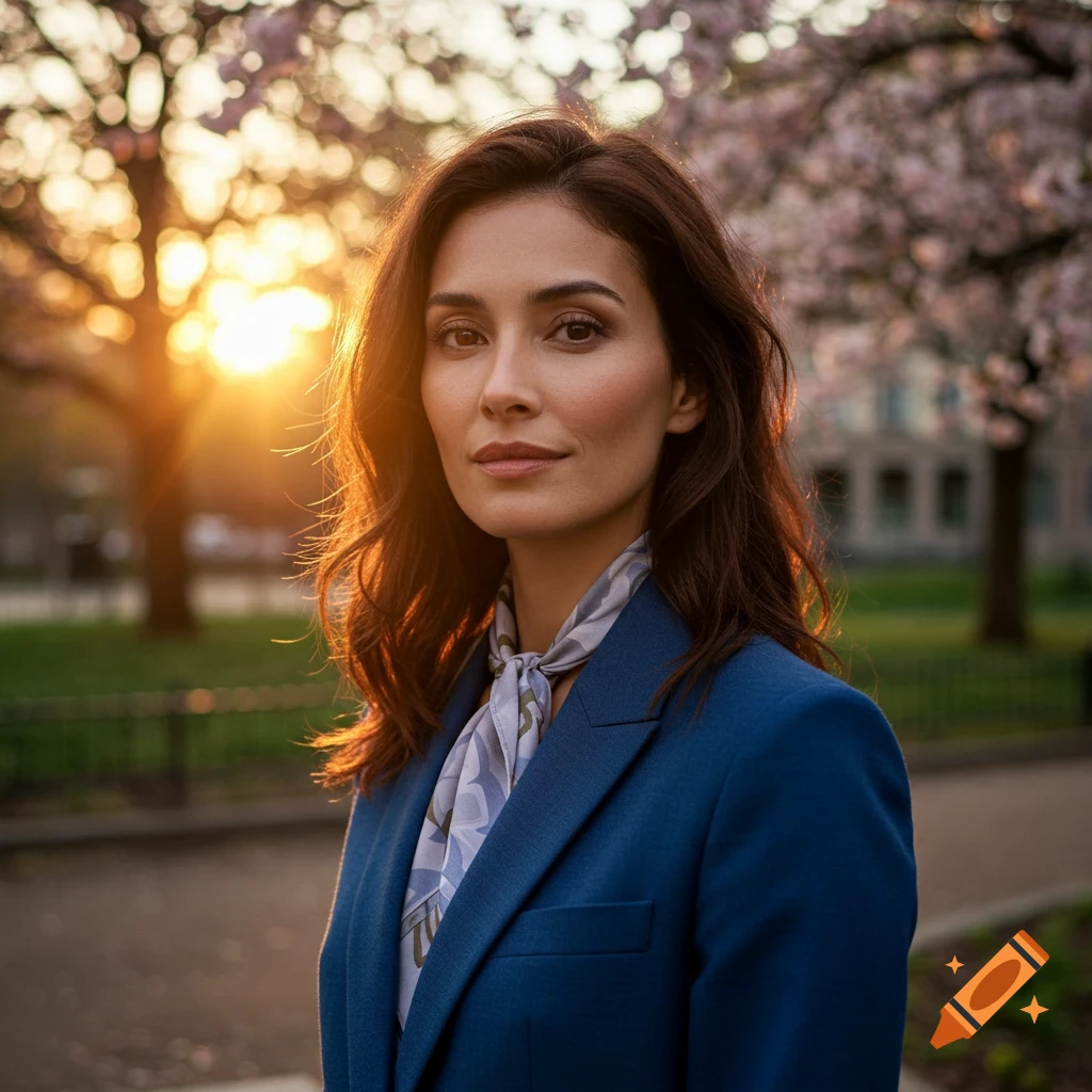 Photorealistic portrait of a woman with dark hair in a blue blazer and patterned scarf, standing in a park with cherry blossoms at sunset.