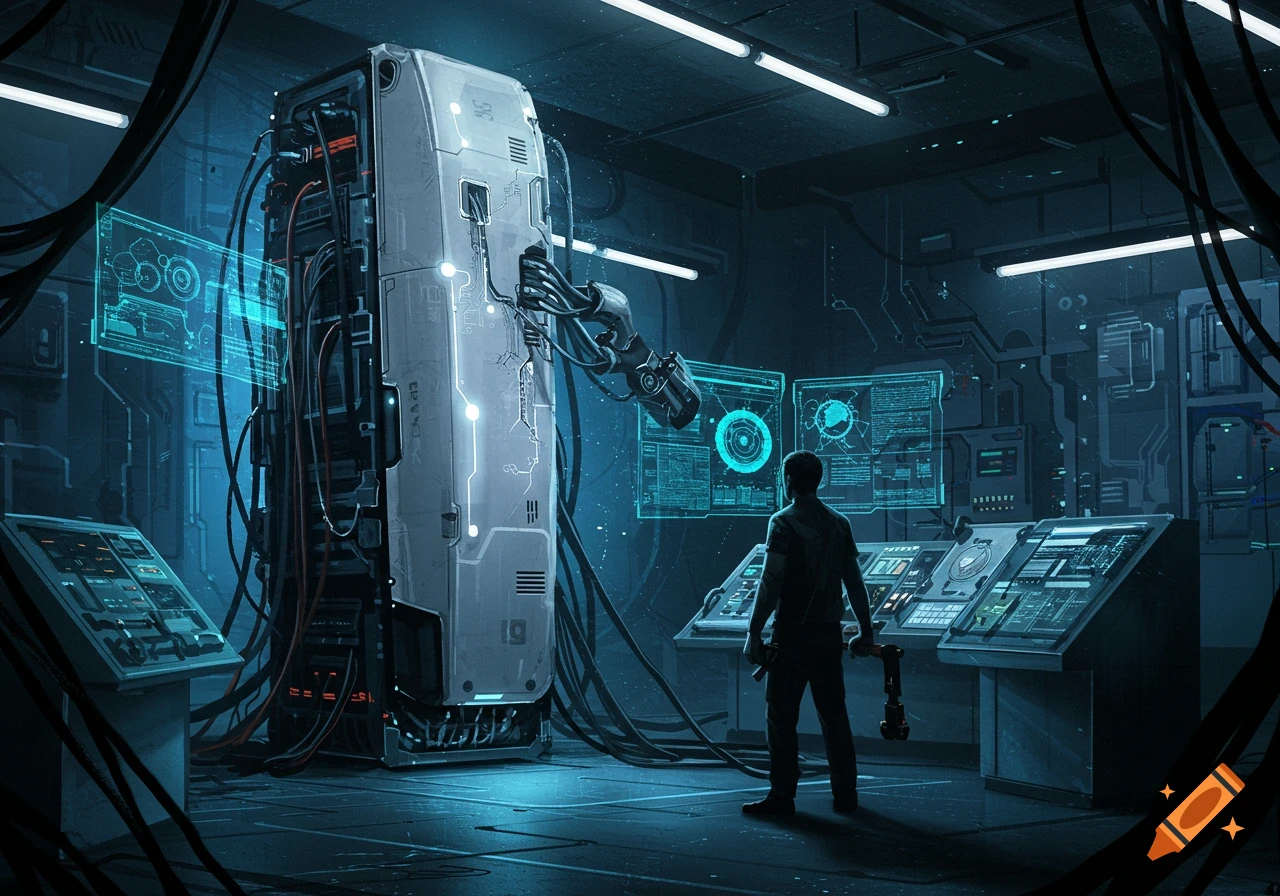 A man stands in a dark, futuristic server room filled with glowing screens and large, intricate machinery connected by many cables, in a sci-fi digital painting style.