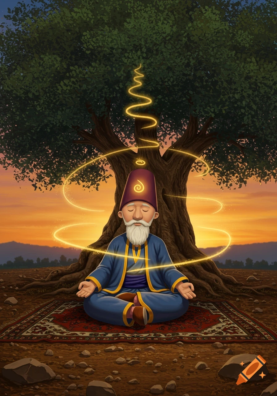 Cartoonish illustration of a bearded man in a purple hat meditating under a tree at sunset with golden spiritual energy.