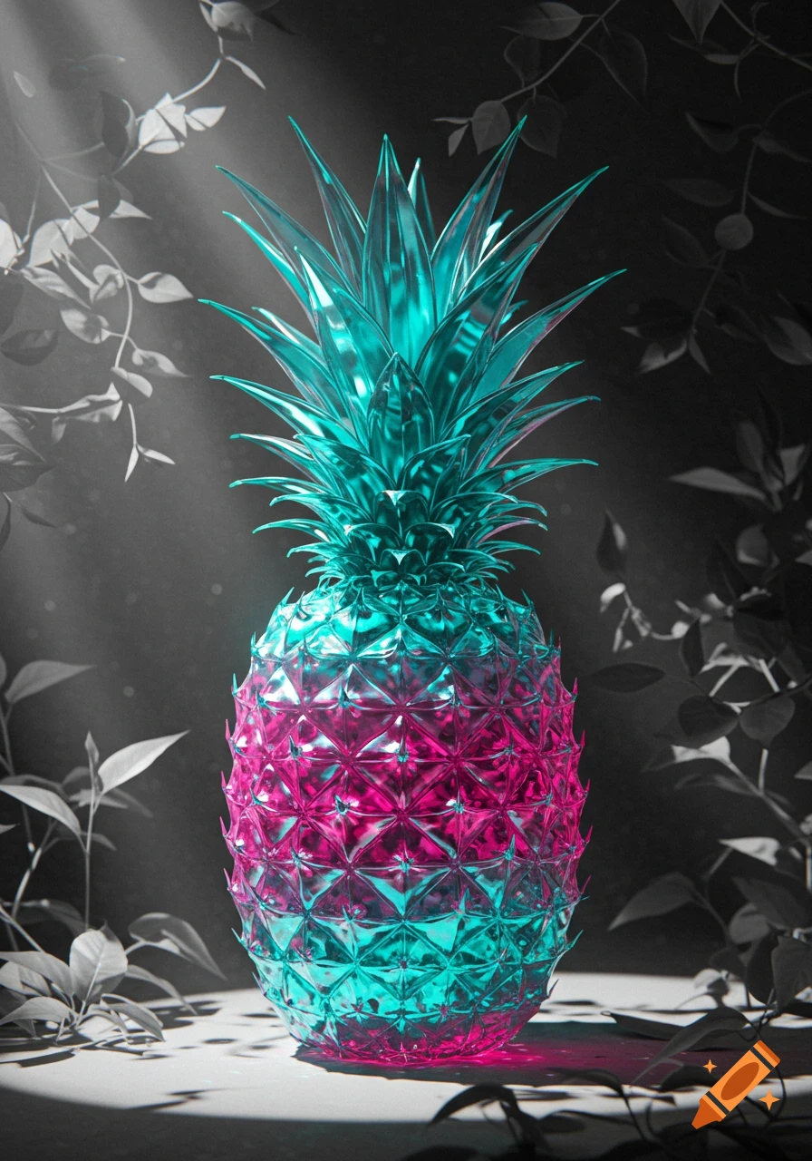 A vibrant pink and teal glass pineapple stands against a black and white background with foliage, lit by a spotlight.