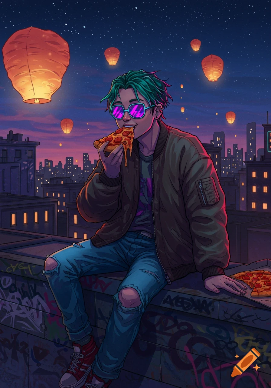 Anime-style person with green hair and sunglasses eats pizza on a graffiti-covered rooftop at night, with sky lanterns and cityscape.