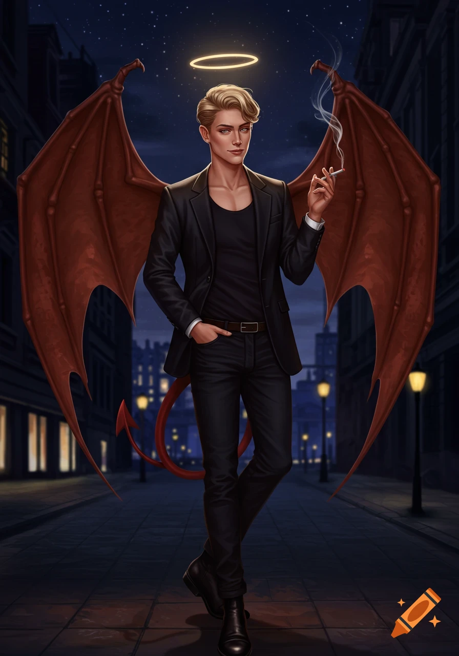 A handsome blond man with bat wings, a halo, and a devil tail, wearing a black suit, standing on a city street at night, smoking a cigarette.