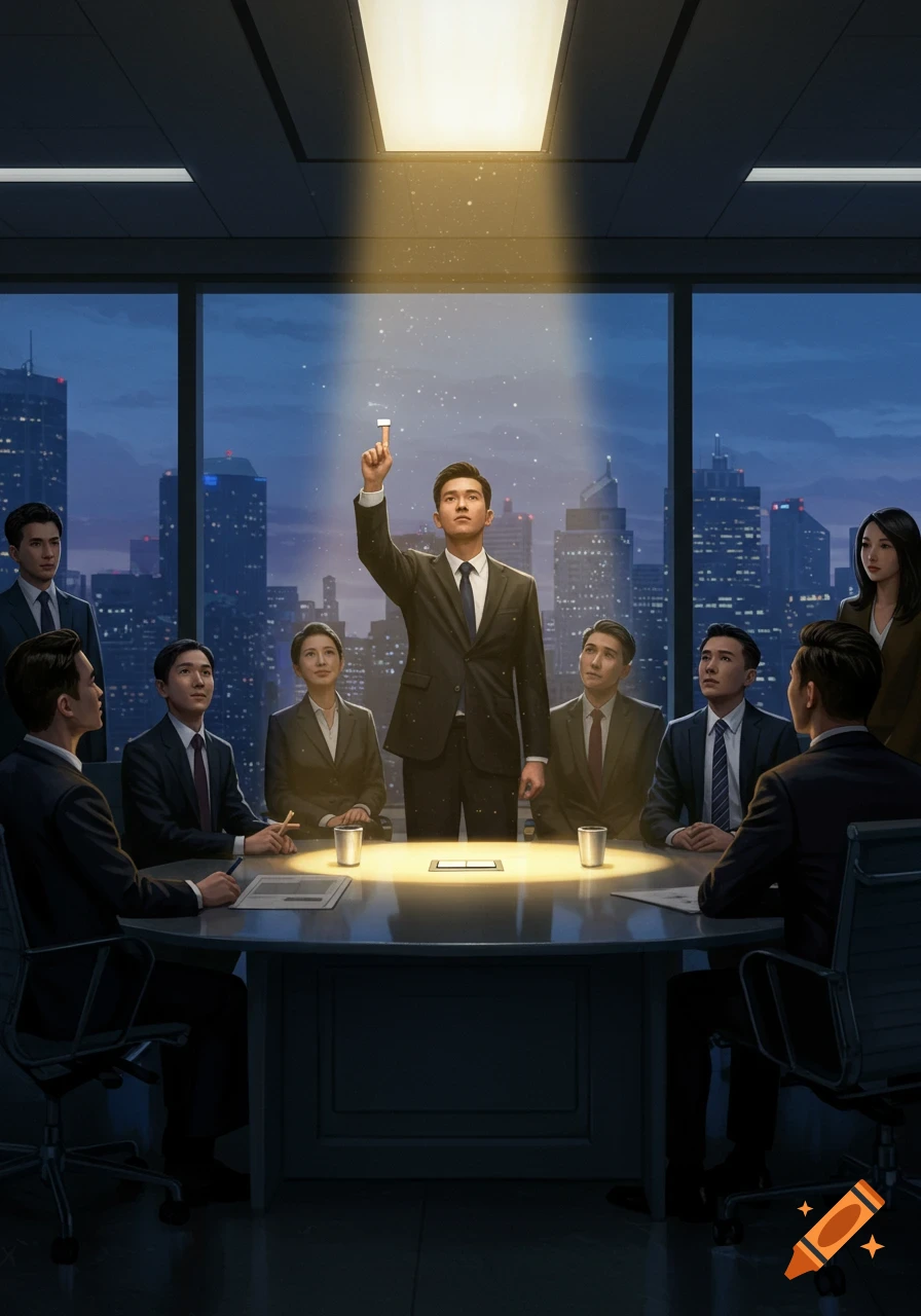 A man in a suit raises his hand to activate a spotlight in a conference room, while other business people look on. A city skyline is visible at night. Digital art.