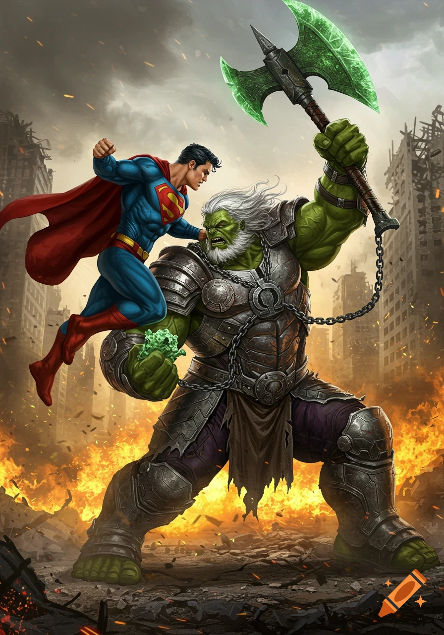 Superman punches a bearded, armored World War Hulk holding a green battleaxe in a ruined, fiery city.