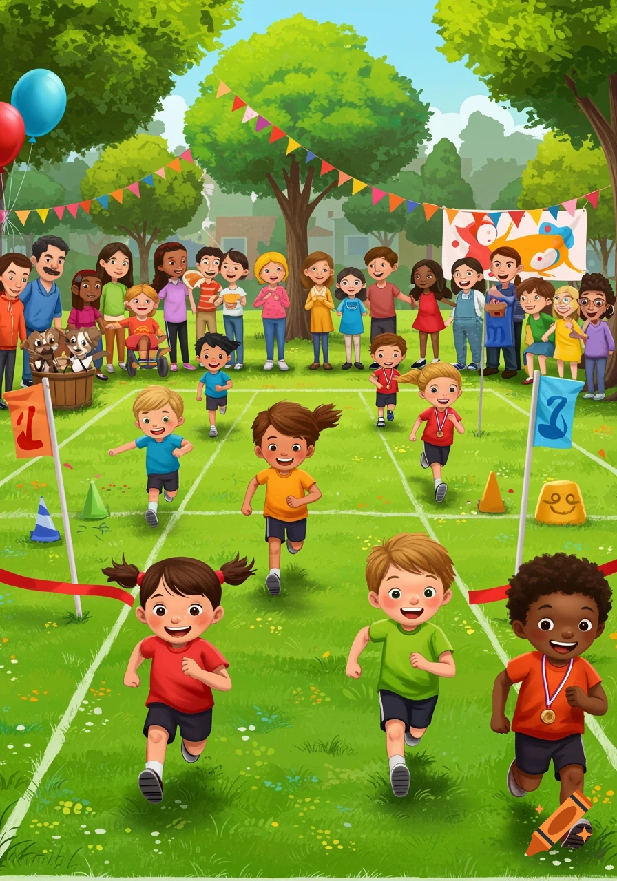 Cartoon illustration of diverse children running a race on a grassy field, with adults watching and colorful decorations.