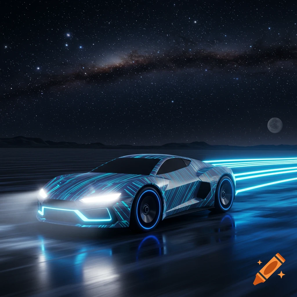 A sleek, futuristic car with neon blue glowing lines and headlights drives on a road at night under a starry sky with a moon, showing motion blur.