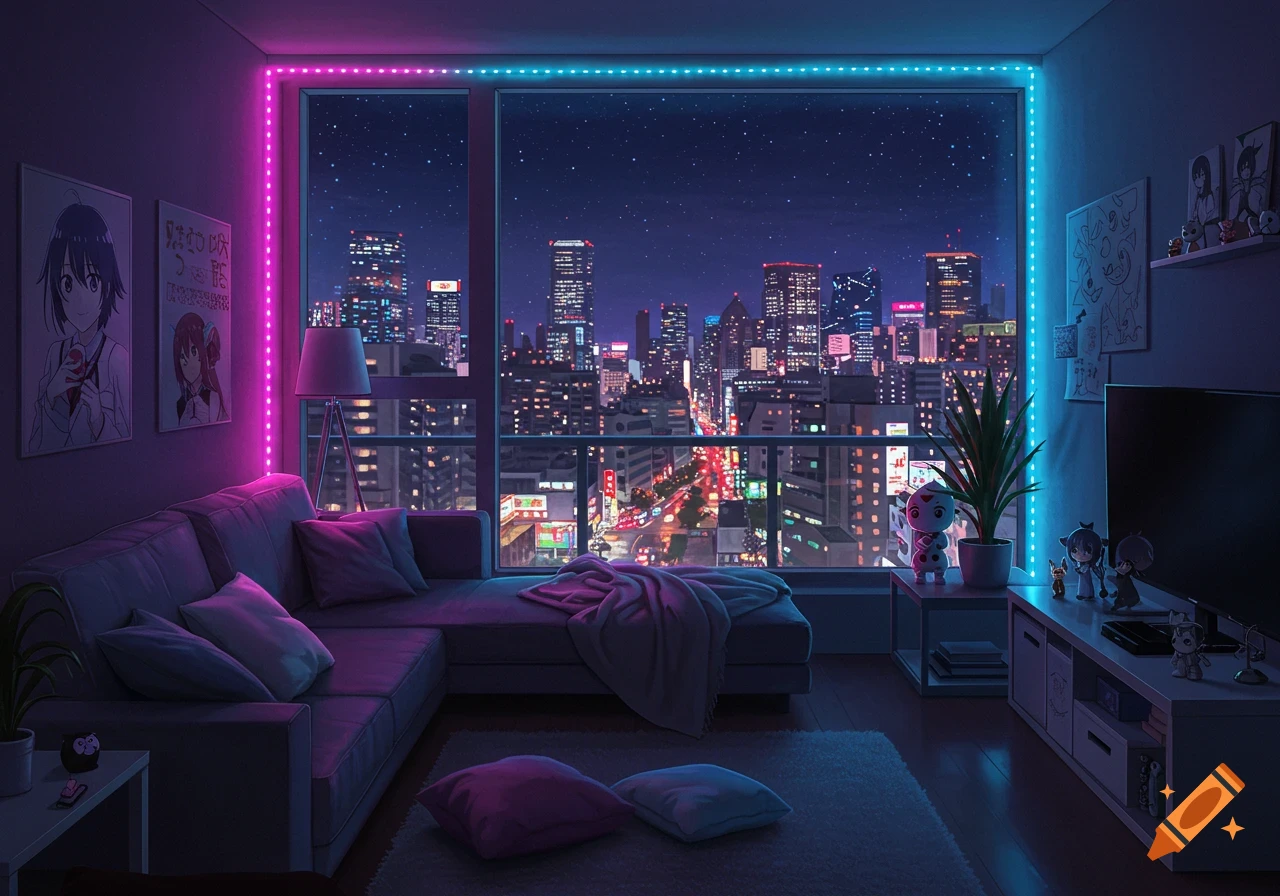 A neon-lit, anime-themed apartment living room with a large window overlooking a bustling city at night.