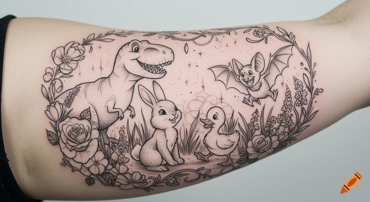 Whimsical black and grey line art tattoo on an arm featuring a T-Rex, bunny, duckling, and bat surrounded by flowers.
