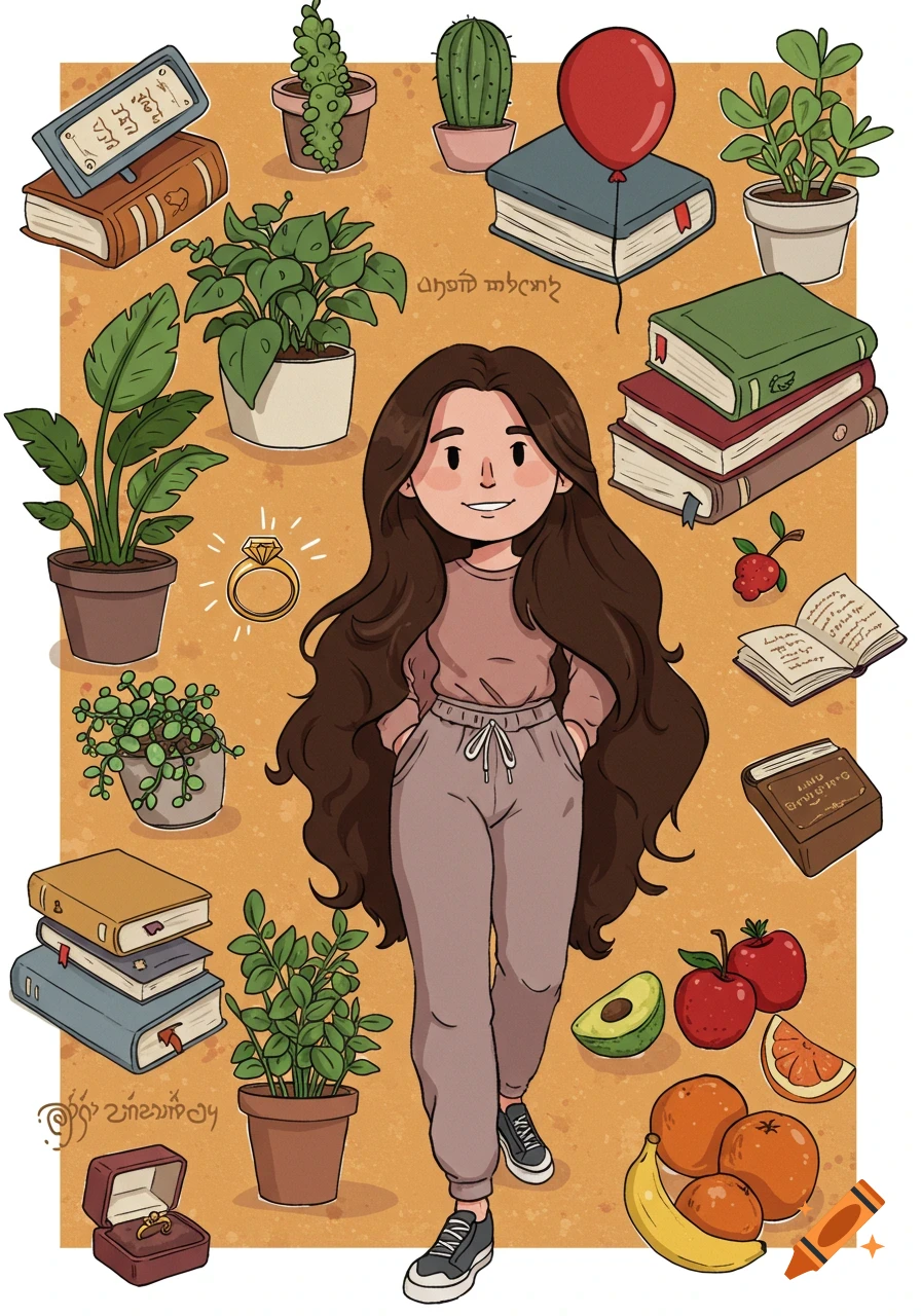 A cartoon illustration of a smiling woman with long brown hair, wearing a t-shirt and jogging pants, surrounded by plants, books, fruit, and fantasy symbols.