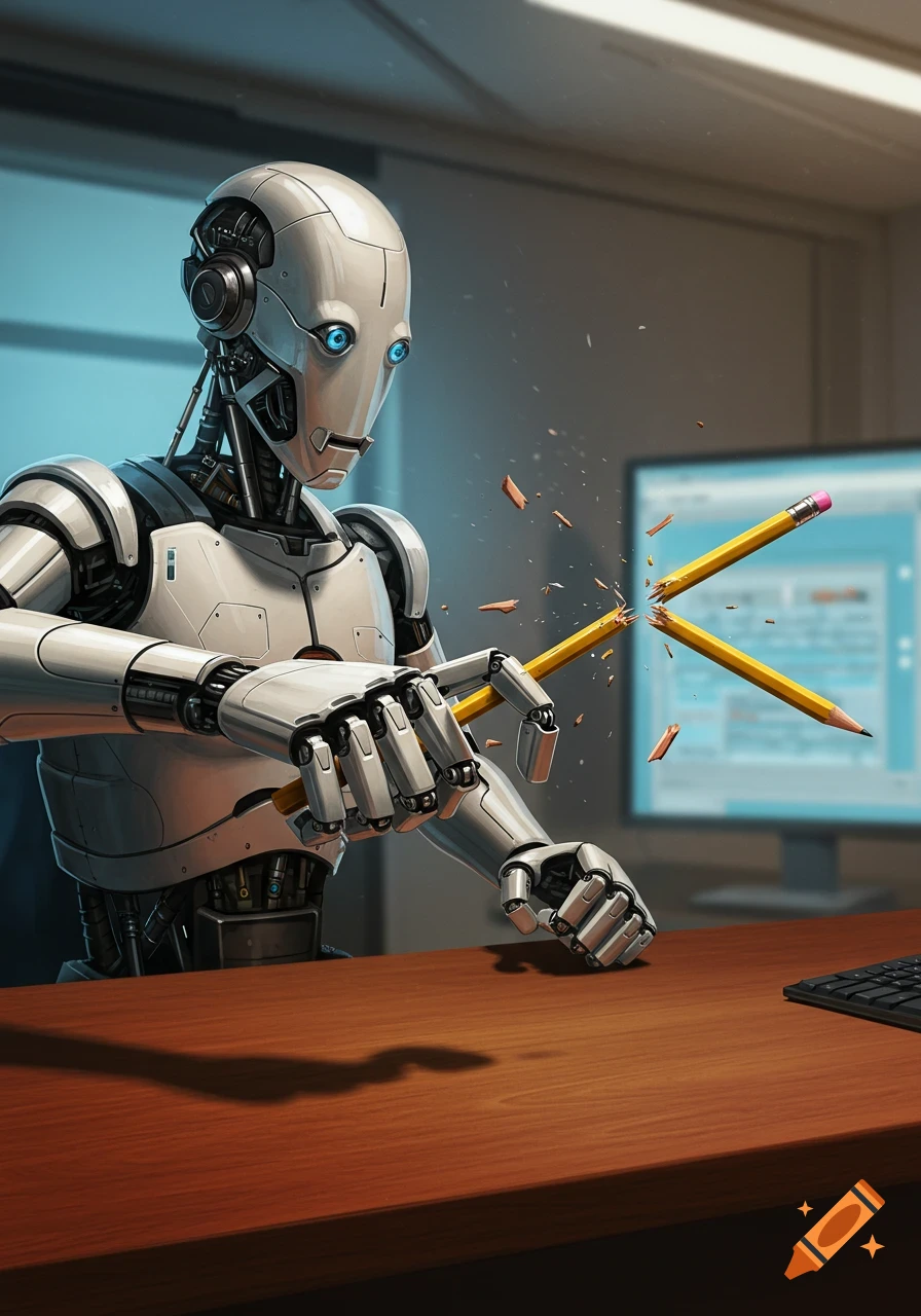 A silver robot with glowing blue eyes breaks a yellow pencil in half over a wooden desk, with a blurry computer monitor in the background.