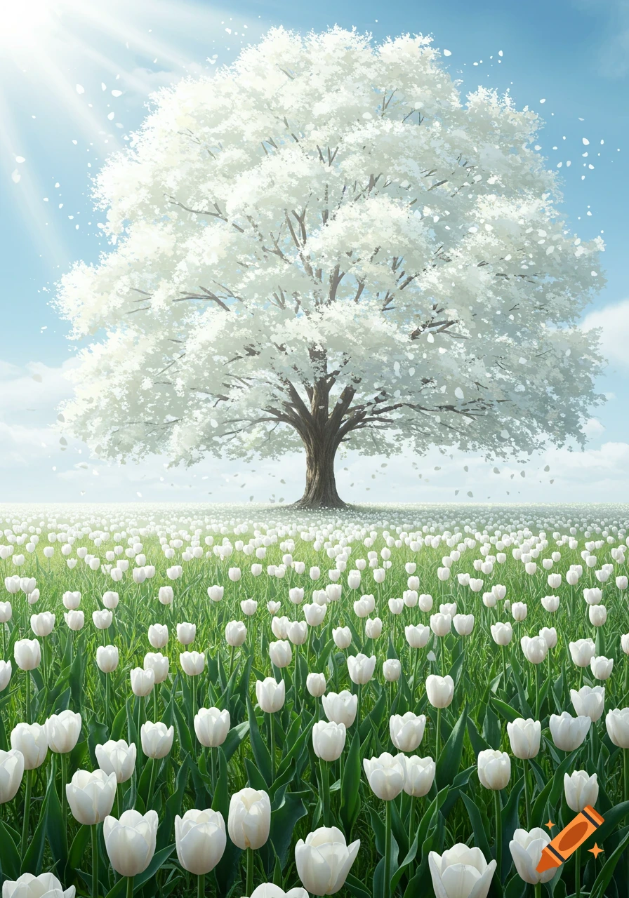 Majestic tree with white leaves in a field of white tulips under a bright blue sky, with petals falling.
