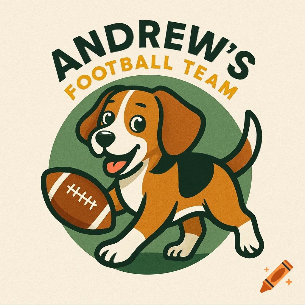 A cartoon logo featuring a happy beagle dog holding a football, with the text "ANDREW'S FOOTBALL TEAM" arced above it on a green circular background.