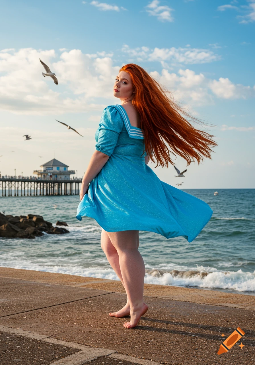 Red-haired woman in a blue sailor dress stands barefoot on a beach walkway, with a pier and ocean in the background.