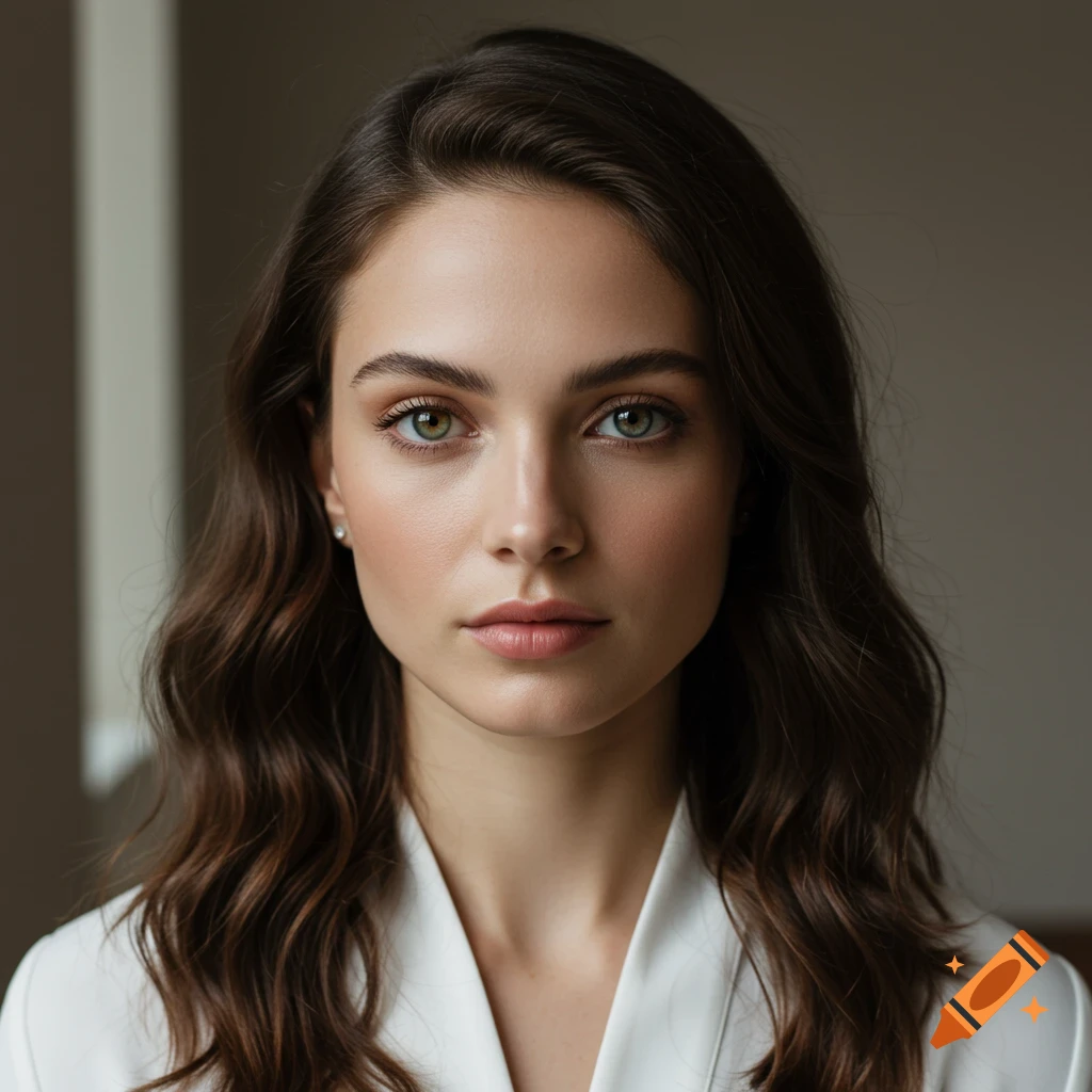 A close-up photorealistic portrait of a young woman with long dark wavy hair and green eyes, wearing a white collared top, looking directly at the viewer.