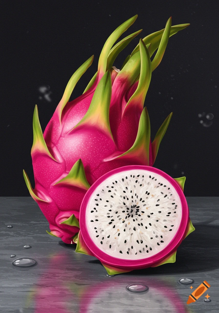 A vibrant pink dragon fruit stands upright next to a sliced half, revealing white flesh with black seeds, on a dark, wet surface with water droplets.