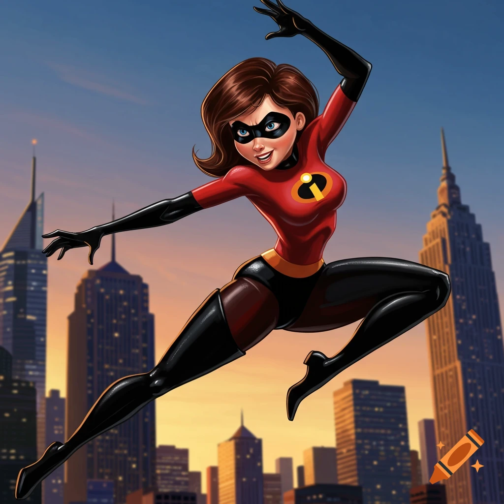 Mrs. Incredible in her red and black suit, leaping dynamically over a city skyline at dusk.