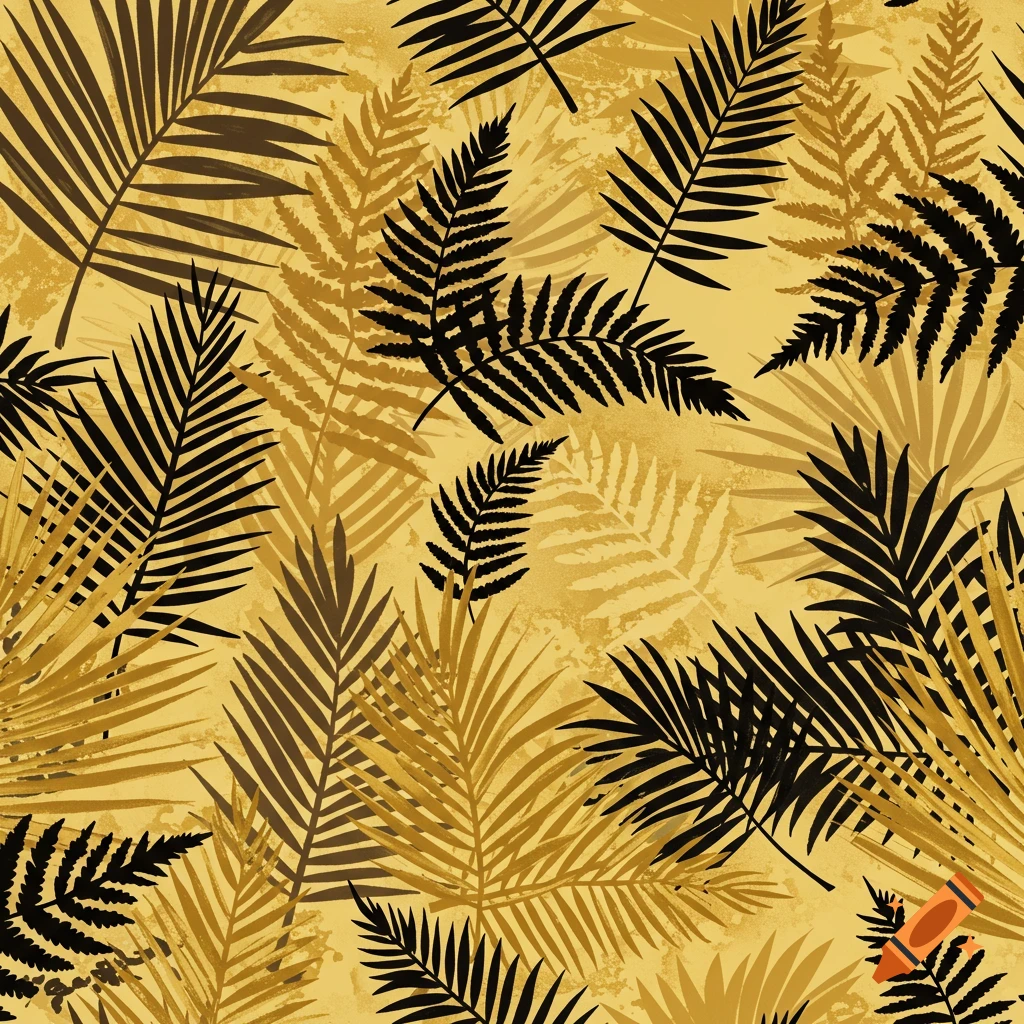 A seamless pattern of black and gold palm fronds and ferns on a textured yellow-gold background.