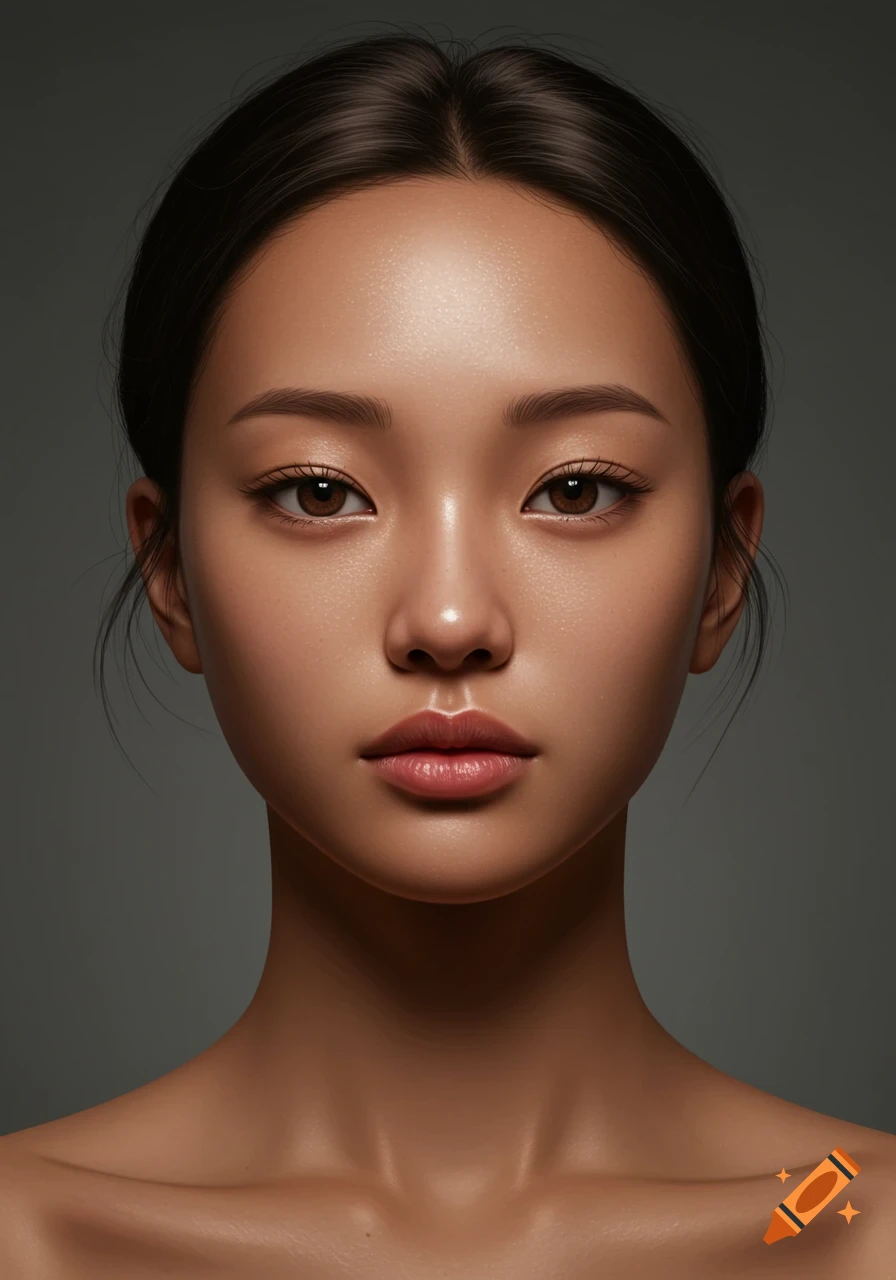 Close-up photorealistic portrait of a young Korean woman with dark hair, brown eyes, and tanned skin, looking directly at the camera.