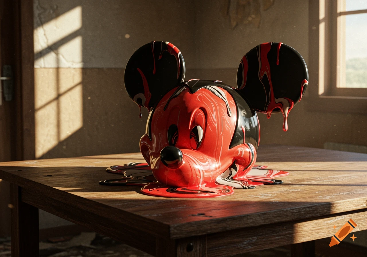 A photorealistic 3D render of a melting Mickey Mouse head, with red and black substance dripping onto a wooden table, lit by sunlight.
