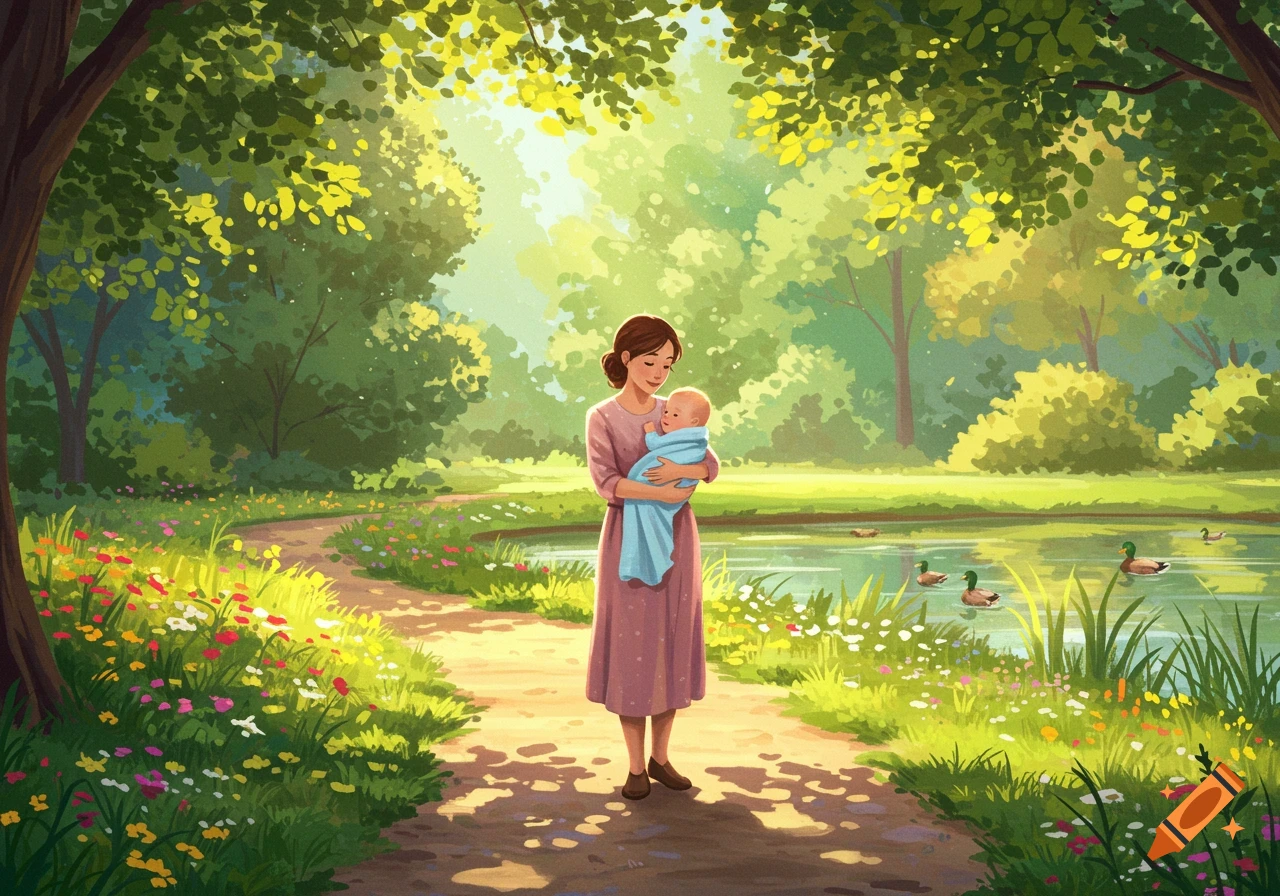 An illustration of a mother gently holding her baby on a sunny path in a vibrant park with a pond and ducks.