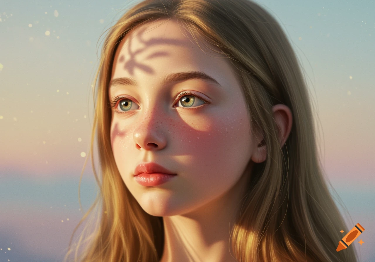 Realistic portrait of a young girl with blonde hair, green eyes, and freckles, with leaf shadows on her face and a soft pastel sky in the background.