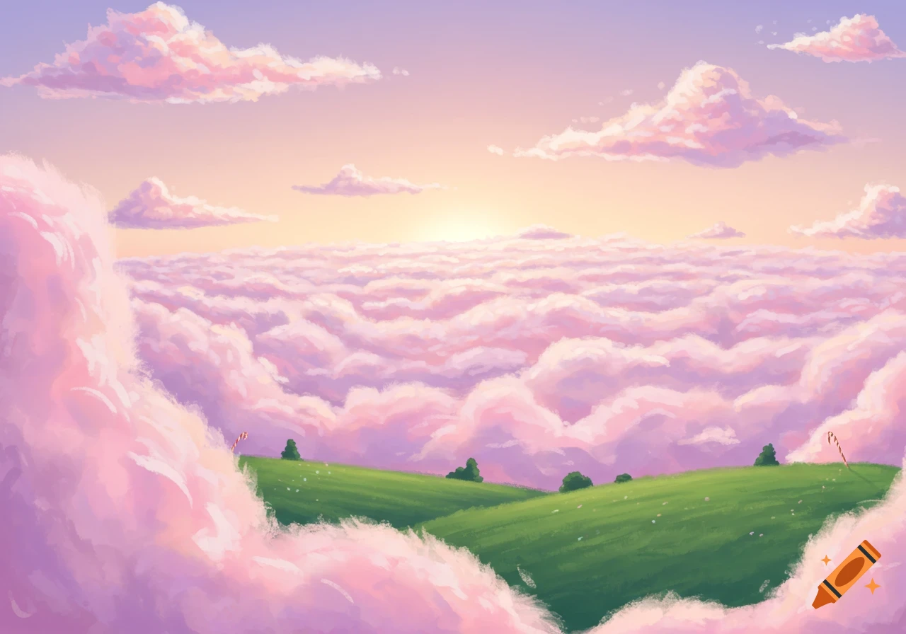 A pastel-colored, whimsical landscape features rolling green hills partially obscured by fluffy pink and purple clouds under a sunrise or sunset sky.