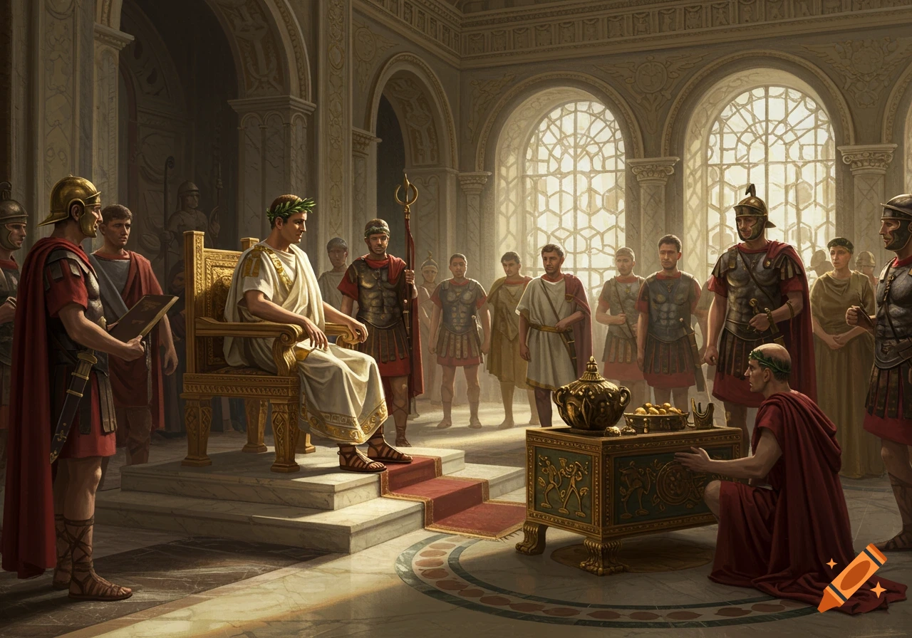 A Roman emperor on a golden throne in a marble palace, surrounded by soldiers and attendants, receives a gift.