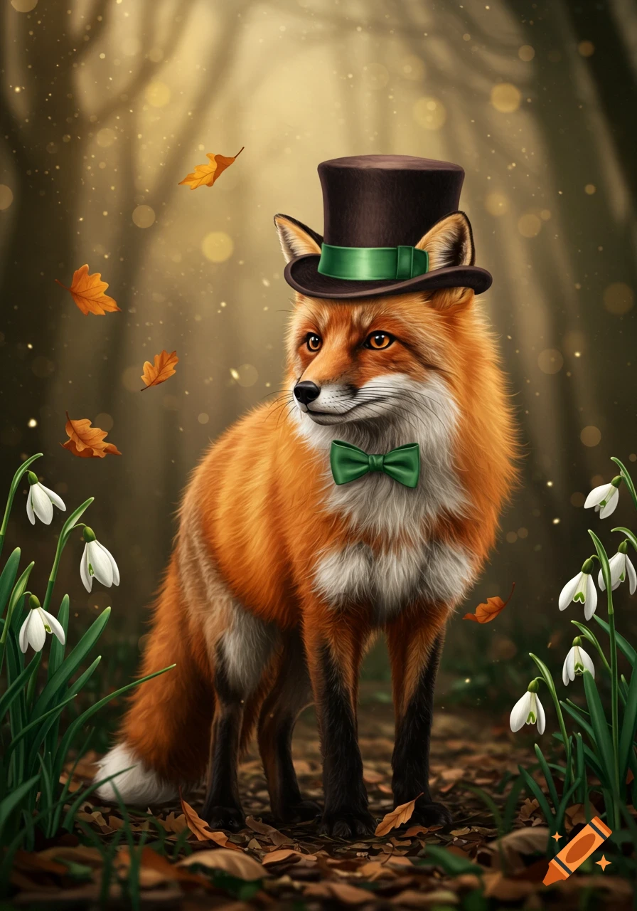 A whimsical fox in a brown top hat and green bow tie stands in a forest with falling autumn leaves and white snowdrop flowers.