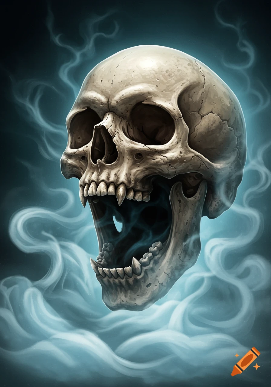 Stylized illustration of a cracked skull with an open mouth and glowing blue smoke emanating from it.