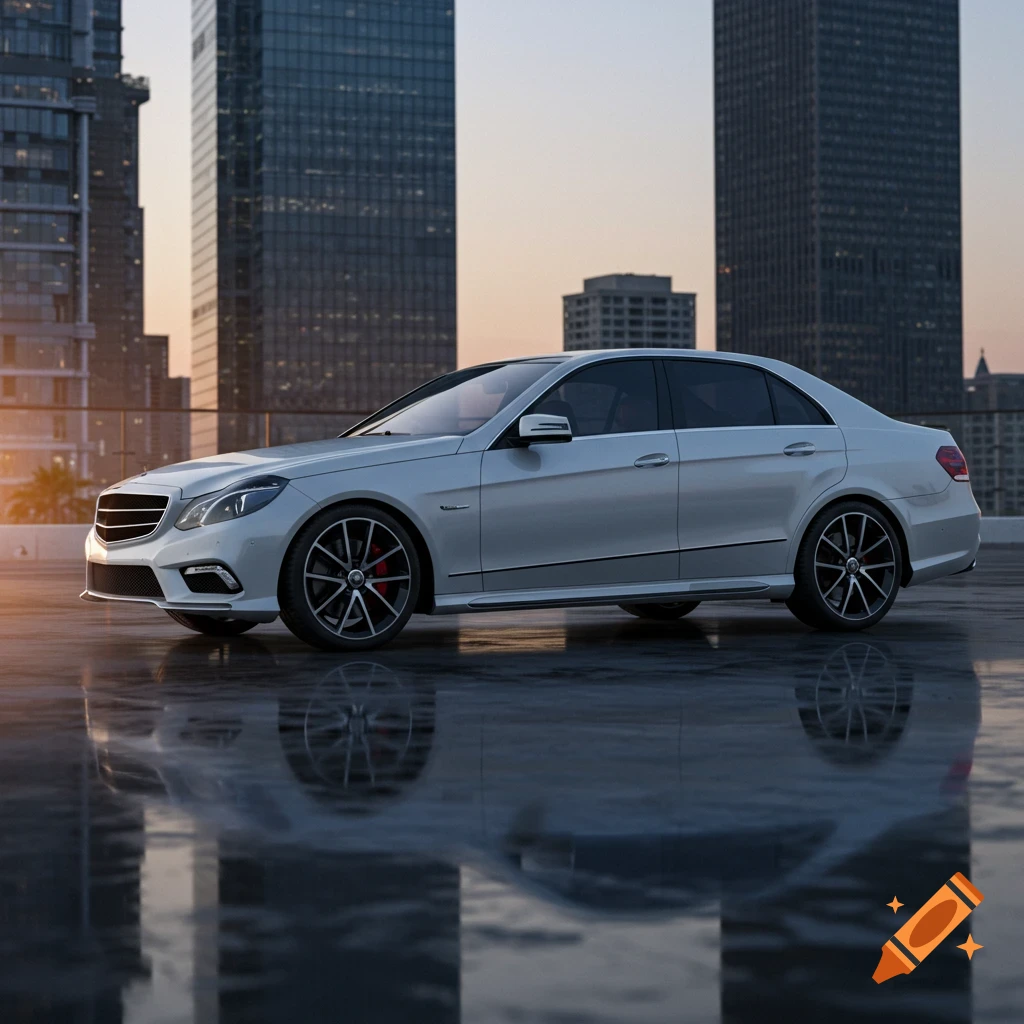 A white Mercedes-Benz sedan with blacked-out trim parked on a wet rooftop, with a city skyline in the background at sunset.