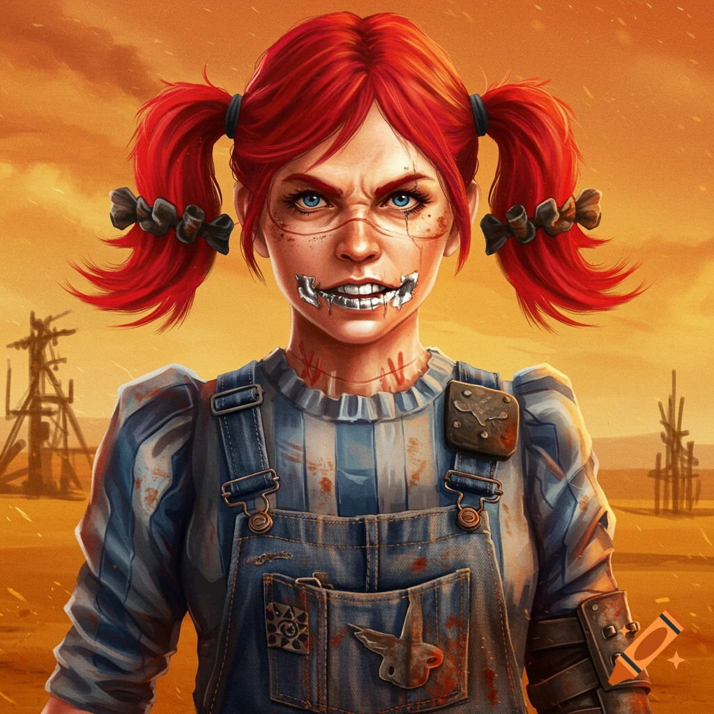 A menacing, red-haired girl with pigtails, chrome-painted teeth, and facial stitches, wearing dirty overalls in a post-apocalyptic landscape.