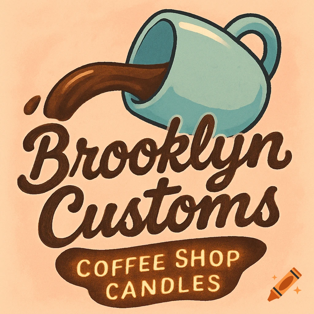 A cartoon blue coffee mug spills brown liquid onto "Brooklyn Customs Coffee Shop Candles" text in a retro illustration style.